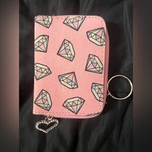 Pink Diamond Pattern Wallet with Heart Charm